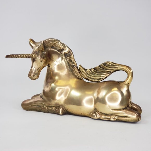 Vintage Large Solid Brass UNICORN Sculpture Laying Down Mythical Regency - Picture 2 of 12